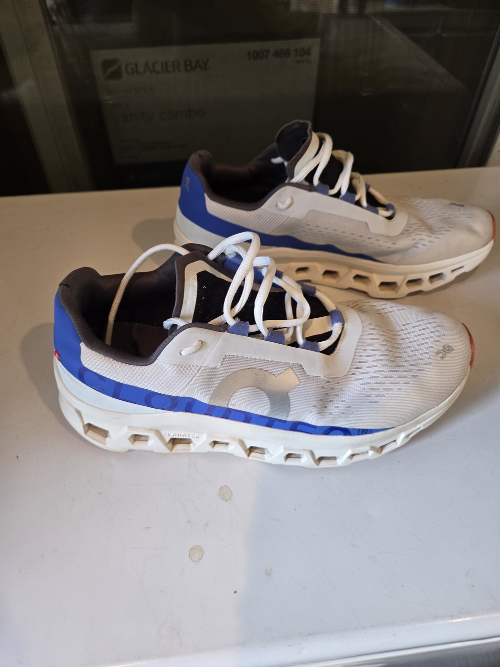 On Running Running Men’s Cloudmonster Running Shoe — White/Blue